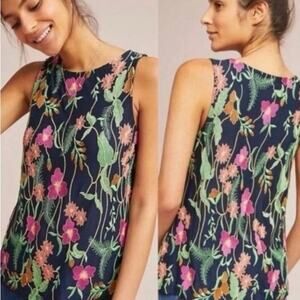 Anthropologie Meadow Rue Cartagena Embroidered Tank Top Navy Blue Floral Size XS